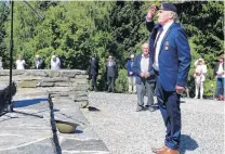  ?? PHOTO: MATTHEW MCKEW ?? For the fallen . . . Former Queenstown RSA president Lyall McGregor salutes after laying his poppy in an infantry helmet.