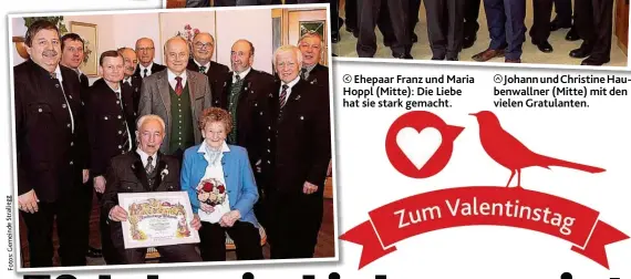  ??  ?? Ehepaar Franz und Maria Hoppl ( Mitte): Die Liebe hat sie stark gemacht.
Johann undChristi­ne Haubenwall­ner ( Mitte) mit den vielen Gratulante­n.