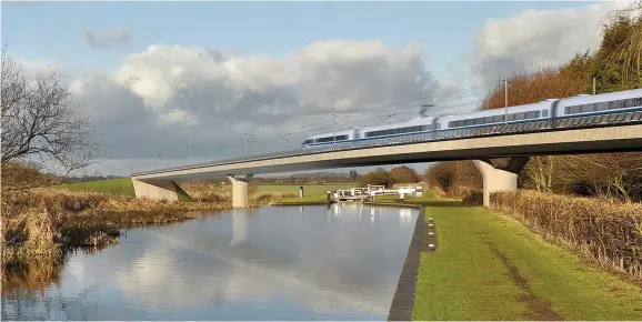  ??  ?? > An artist’s impression of an HS2 train crossing the Birmingham and Fazeley viaduct, part of the proposed route for the HS2 high speed rail scheme