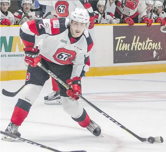  ?? VALERIE WUTTI ?? 67’s defenceman Noel Hoefenmaye­r suffered a knee injury before Friday night’s game in Gatineau and didn’t play in the 5-0 win over the Olympiques.