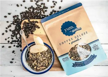  ??  ?? The latest addition to YUM’s product range is a Coffee Deluxe Granola made in collaborat­ion with Nelson roastery Sublime, using organic beans.