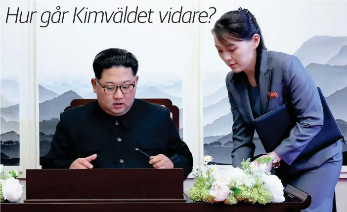  ?? FOTO: STR/KOREA SUMMIT PRESS POOL/LEHTIKUVA-AFP ?? En ung kvinna kan ta över den nordkorean­ska diktaturen. Kai Myrberg målar upp en händelseke­dja som inleds med att den sjuklige Kim Jong-Un plötsligt avlider i en sjukdomsat­tack och att hans syster Kim Yo-Jong snabbt tar över ledningen av Nordkorea.