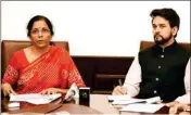  ??  ?? Finance Minister Nirmala Sitharaman along with MOS for Finance Anurag Thakur addresses the media via video conferenci­ng, at North Block in New Delhi, on Tuesday