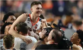  ??  ?? Virginia guard Kyle Guy celebrates after the Cavaliers defeated the Auburn Tigers in Saturday’s first national semi-final. Photograph: Shanna Lockwood/USA Today Sports
