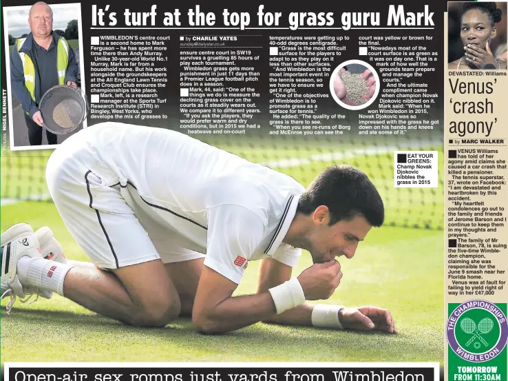  ??  ?? EAT YOUR GREENS: Champ Novak Djokovic nibbles the grass in 2015 DEVASTATED: Williams