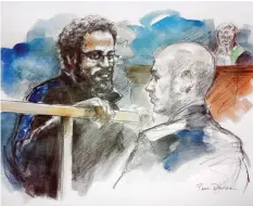  ?? PAM DAVIES/QMI AGENCY ?? From left, Chiheb Esseghaier, duty counsel Aaron Rinzler and Justice of the Peace Susan Hilton are pictured in this courtroom sketch at Old City Hall in Toronto on April 24, 2013.