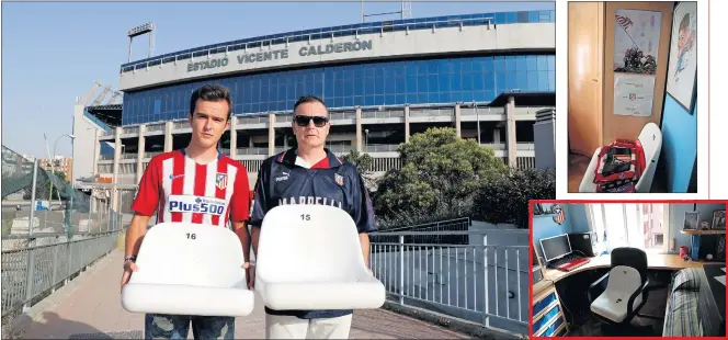  ??  ?? LAS BUTACAS DEL CALDERÓN. Álex Peinado y su padre, Ángel, muestran a As sus asientos ante el Vicente Calderón. Después abren su casa: así los guardarán ya para siempre.