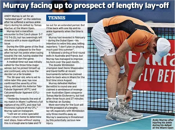  ?? ?? Andy Murray after injuring his ankle during his defeat at the Miami Open