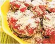  ??  ?? Top with remaining sauce. Add reserved cheese to breadcrumb­s; distribute over the eggplant.