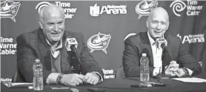  ?? ADAM CAIRNS/COLUMBUS DISPATCH ?? Blue Jackets president John Davidson, left, and general manager Jarmo Kekalainen have a 2.5% chance of seeing their team win the first lottery draw Tuesday.