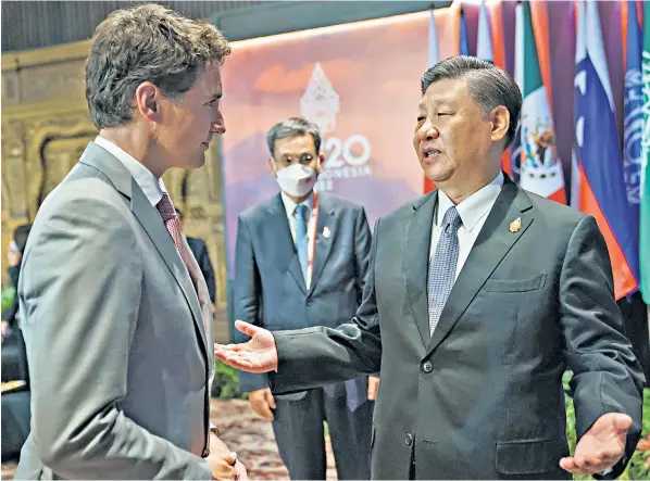  ?? ?? Details of a ‘closed-door’ meeting between Justin Trudeau, the Canadian prime minister, and China’s president Xi Jinping at the G20 Leaders’ Summit in Bali, Indonesia, were apparently released by a Canadian source