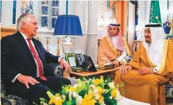  ??  ?? King Salman in talks with Tillerson at Al Salam Palace in Jeddah, yesterday. They discussed the developmen­ts in the region, especially efforts being exerted to combat terrorism and its financing.