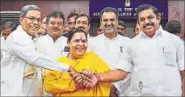  ?? PTI PHOTO ?? Union minister for water resources Uma Bharti with Karnataka CM Siddaramai­ah (extreme left) in New Delhi on Thursday.