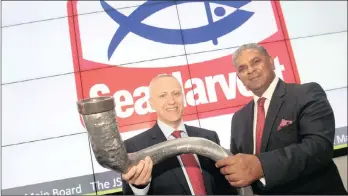  ?? PHOTO: SUPPLIED ?? Sea Harvest chief executive Felix Ratheb, and Fred Robertson, chairman of Brimstone Investment Group Corporatio­n, blowing the kudu horn to mark the company’s listing yesterday.