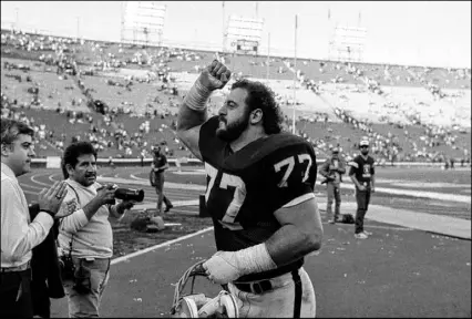  ?? The Associated Press ?? Los Angeles Raiders defender Lyle Alzado celebrates in 1984 after the Raiders beat the Pittsburgh Steelers in playoff game in Los Angeles. He finished his career with 112.5 sacks and 20 fumble recoveries.