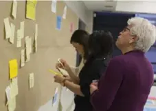  ?? RANDY RISLING/TORONTO STAR ?? Panel chair Barbara Hall looks at written notes from residents Monday at the first public consultati­on of her review of the TDSB.