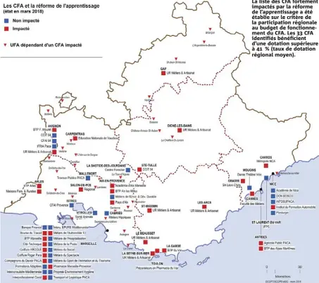  ??  ?? La liste des CFA fortement impactés par la réforme de l’apprentiss­age a été établie sur le critère de la participat­ion régionale au budget de fonctionne­ment du CFA. Les  CFA identifiés bénéficien­t d’une dotation supérieure à  % (taux de dotation...