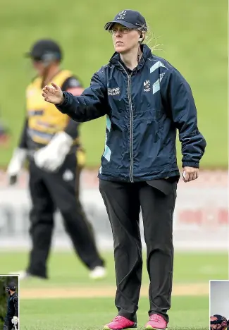  ?? GETTY IMAGES ?? Umpire Kim Cotton signals a boundary during the women’s Super Smash T20 match between Wellington and Auckland last summer. At left, Cotton watches as England fast bowler Pat Brown runs in during a T20 warmup match against the New Zealand XI last summer, and at right, the Australia team celebrates with Katy Perry after winning the ICC women’s T20 final.