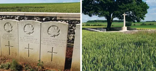  ??  ?? Above (from left): Tyne Cot Cemetery and Memorial in Belgium; headstones of fallen members of the 3rd Canadian Infantry Battalion at Valley Cemetery; another shot of the Valley Cemetery in
Artois, France.