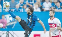  ?? PAUL CHIASSON/THE ASSOCIATED PRESS ?? Montreal Impact midfielder Ignacio Piatti kicks the ball in front of Toronto FC defender Drew Moor during the first leg of the Canadian Championsh­ip on June 21 in Montreal. The teams play a rematch on Tuesday in Toronto.