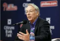  ?? MATT ROURKE — THE ASSOCIATED PRESS ?? Phillies president Andy MacPhail speaks with members of the media during a news conference Tuesday in the bowels of Citizens Bank Park