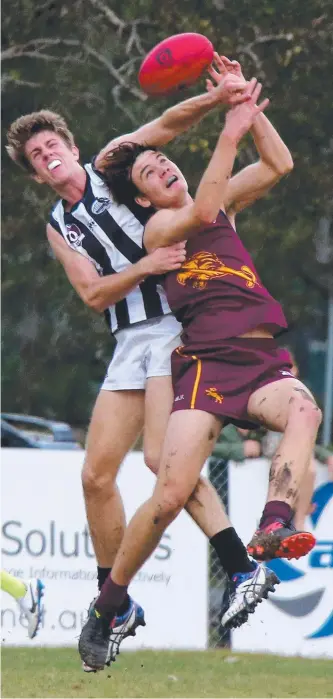  ?? Picture: MIKE BATTERHAM ?? Palm Beach-Currumbin’s Caleb Graham (front) battles with Western Magpies’ opponent Liam Dwyer in QAFL action.