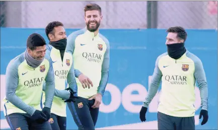  ?? PICTURE: EPA ?? ALL SMILES: Front left, Luis Suarez, Neymar Da Silva, Gerard Pique and Lionel Messi during Barcelona training. Champions League fixtures