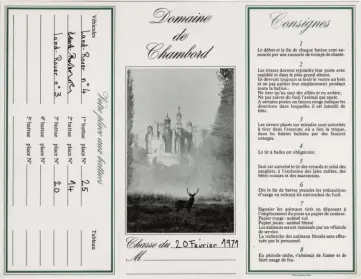  ??  ?? Carton d’invité. Ce jour-là (20 février 1971), lors de cette 2e battue présidenti­elle, on comptera 30 sangliers au tableau. Le record sera atteint deux saisons plus tard, avec 89 animaux (24 février 1973).