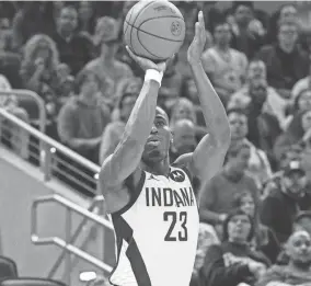  ?? TREVOR RUSZKOWSKI/USA TODAY SPORTS ?? Pacers forward Aaron Nesmith shoots the ball against the Oklahoma City Thunder on May 31 at Gainbridge Fieldhouse.