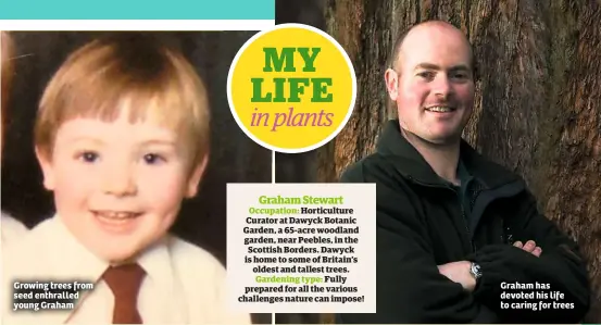  ??  ?? Growing trees from seed enthralled young Graham Occupation: Horticultu­re Curator at Dawyck Botanic Garden, a 65-acre woodland garden, near Peebles, in the Scottish Borders. Dawyck is home to some of Britain’s oldest and tallest trees. Gardening type: Fully prepared for all the various challenges nature can impose! Graham has devoted his life to caring for trees Graham Stewart