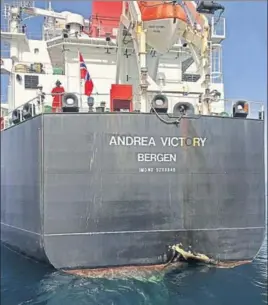  ?? AFP ?? Damage at the bottom of Norwegian oil tanker Andrea Victory, one of the four vessels damaged in alleged "sabotage attacks" off the port city of Fujairah in the Gulf.