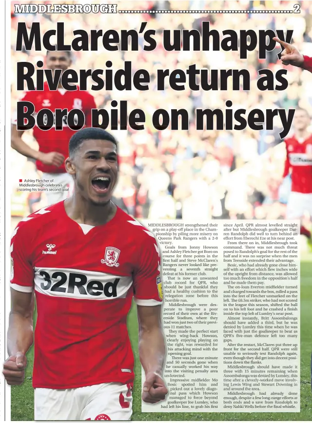  ??  ?? ■ Ashley Fletcher of Middlesbro­ugh celebrates scoring his team’s second goal