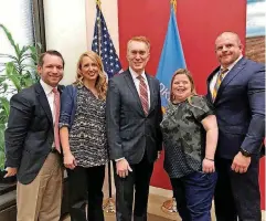  ?? [PHOTOS PROVIDED] ?? Down Syndrome Associatio­n of Central Oklahoma members Josh Harlow, from left, and Fara Taylor, pose with U.S. Sen. James Lankford, R-Oklahoma City, along with fellow members Heather Hancock-Blackburn and Mike Klehm, during a recent visit to Washington,...