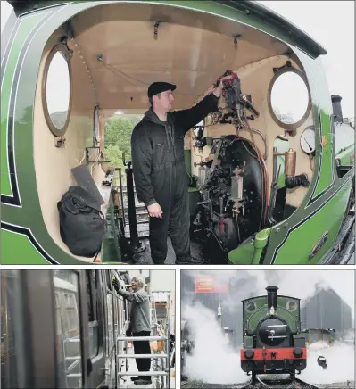  ?? PICTURES: GERARD BINKS. ?? READY TO ROLL: Top, driver David Umpleby cleaning the cab of the Illingwort­h/Mitchell locomotive, above right, preparing for its steam test as the Embsay & Bolton Abbey Steam Railway gears up to reopen; above left, fitter Arthur Harrinson at work on the rolling stock.