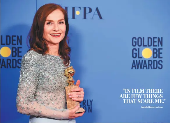  ?? ROBYN BECK / AFP ?? Actress Isabelle Huppert, winner of Best Actress in a Motion Picture — Drama for poses in the press room during the 74th Annual Golden Globe Awards. Isabelle Huppert, actress