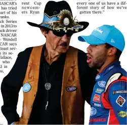  ?? AP PHOTO BY MATT SLOCUM ?? In this June 9, file photo, Richard Petty, left, and Darrell Wallace Jr. chat during practice for Sunday’s NASCAR Cup series auto race in Long Pond, Pa. Wallace will drive Petty’s iconic No. 43 full-time in the NASCAR Cup Series next year, the team...