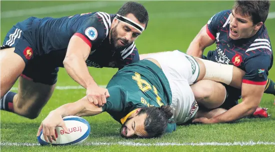  ?? Picture: EPA-EFE ?? TRY TIME. Springbok wing Dillyn Leyds stretches over the tryline to score during their Test against France at the Stade de France in Saint-Denis, Paris on Saturday.