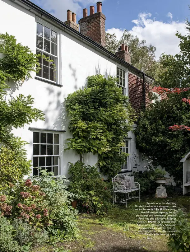  ??  ?? The exterior of this charming Grade II-listed rectory was given a new coat of Farrow & Ball’s All White paint. Metal drainpipes replaced the old plastic ones and homeowner Llewellyn fitted lead drip sills above the lower windows. RIGHT The longcase clock has an early 18th-century movement; Llewellyn’s father made the case. His wife Elizabeth built the little house on the side table from tiny shells.