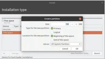  ??  ?? Op veel pc’s hoef je je bij het installere­n van Linux geen zorgen te maken over UEFI, zolang je automatisc­h partitioni­eert. Als je dat liever zelf doet, moet je een EFI System Partition (ESP) opnemen of aanmaken.