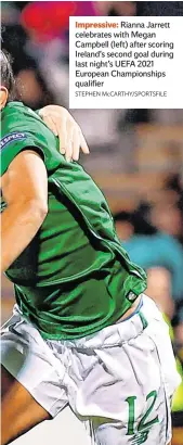  ?? STEPHEN McCARTHY/SPORTSFILE ?? Impressive: Rianna Jarrett celebrates with Megan Campbell (left) after scoring Ireland’s second goal during last night’s UEFA 2021 European Championsh­ips qualifier