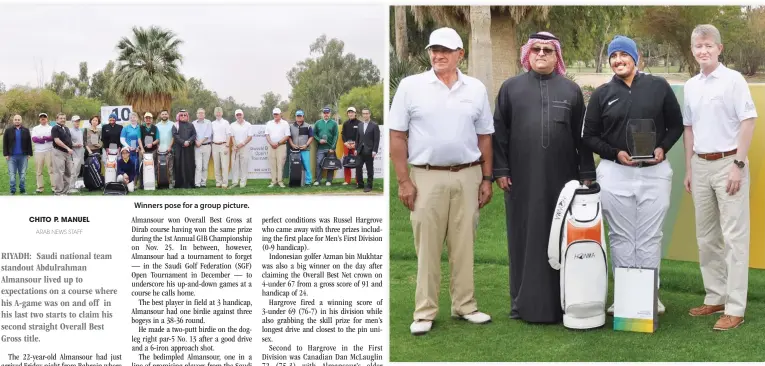  ??  ?? Winners pose for a group picture. Overall Best Gross champion Abdurahman Almansour with Tariq Javed, Khaled Abunayyan and Alawwal Bank MD Soren Nikolajsen. (AN photos)