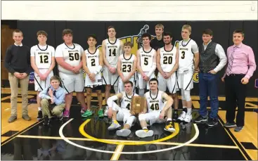  ?? Alex Eller ?? The Mullen boys basketball team after winning their second straight MNAC Conference Championsh­ip at North Platte Community College on Jan. 30. Pictured bottom row L to R: Seniors #4 Brendon Walker and #40 Bryce McIntosh. Back row from L to R: #12 Ethan Hardin, #50 Cade Groseth, #2 Trevor Kuncl, #14 Jaden Emerson, #23 Kyle Finney, #5 Luke Durfee, Alex Moore, #20 Samuel Coble, and #3 Clayton Moore along with the Mullen Student Managers.