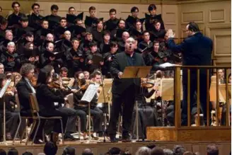  ?? HILARY SCOTT ?? Baritone Matthias Goerne performs as vocal soloist in Shostakovi­ch’s Symphony No. 13 on Thursday night, with the Boston Symphony Orchestra and members of the Tanglewood Festival Chorus and NEC Symphonic Chorus under the baton of music director Andris Nelsons.