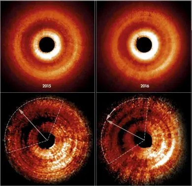  ??  ?? 2015 2016 These images reveal how much the shadow has moved around TW Hydrae’s disc over the course of a year. The top two panels show that there is uneven brightness; in the enhanced panels below, the shadow is apparent