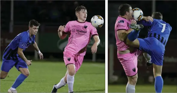  ??  ?? Danny Doyle of Wexford steals a march on Athlone Town’s Ciarán Burns. Seán Kelly clashes with Josh Hogan of Athlone Town.