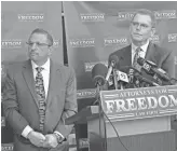  ?? BRIAN SKOLOFF/AP ?? Douglas Haig (right) and his attorney, Marc Victor, hold a news conference Friday in Chandler about Haig’s sale of ammunition to Las Vegas gunman Stephen Paddock.