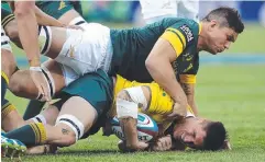  ?? Picture: AP ?? COLLISION TIME: Australia’s Sean McMahon is crunched in a tackle by South Africa’s Francois Louw.