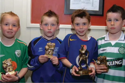  ??  ?? Shane Hoey, Connor Moore, Player of the year Jordan Branigan and Connor Redmond at a Boyne Rovers Awards night in the Bridgeford