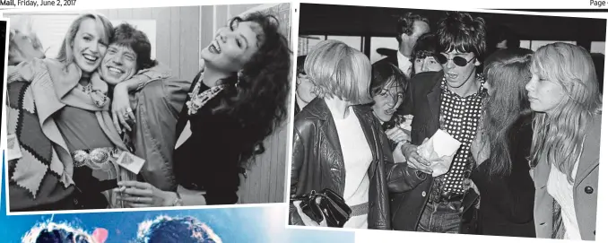  ?? Pictures: REX/ GETTY ?? Legends: Mick and Ronnie at Knebworth in 1976, left. (Inset, left to right) Mick swigs bourbon in the U.S. in 1975, Keith in 1964, Jerry Hall hugs Mick with Marie Helvin at Wembley in 1982, Keith is mobbed at Heathrow on his way to New York