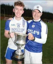  ??  ?? John Fintan Daly Junior and John Fintan Daly Senior contribute­d to Knocknagre­e retaining their Kanturk Credit Union Duhallow Junior A Football Championsh­ip title in 2016 following a victory over Cullen at Rockchapel. Picture: John Tarrant